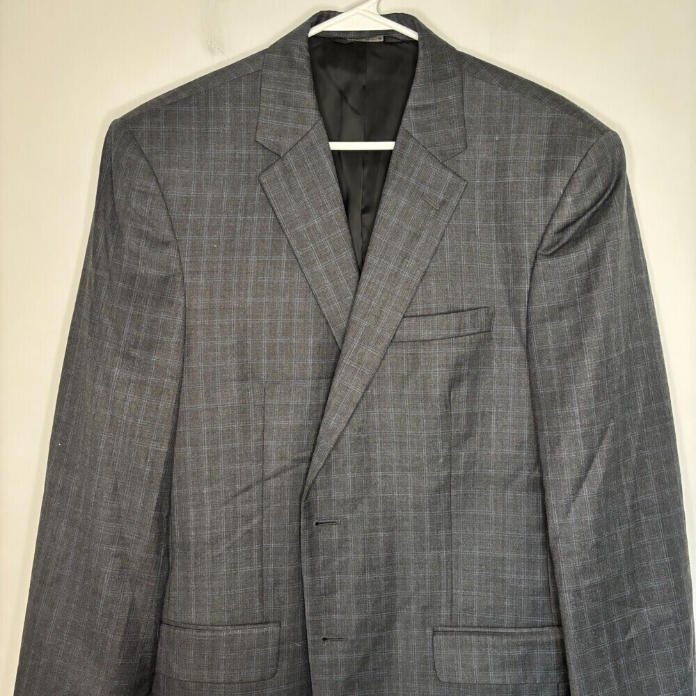 JOS A. BANK Traveler's Collection 100% Wool Sport Coat Mens 43L Gray Blue Plaid